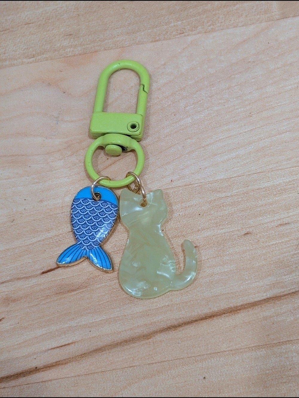 Cat & Fish Charm Keychain - Green Cat, Blue Fish